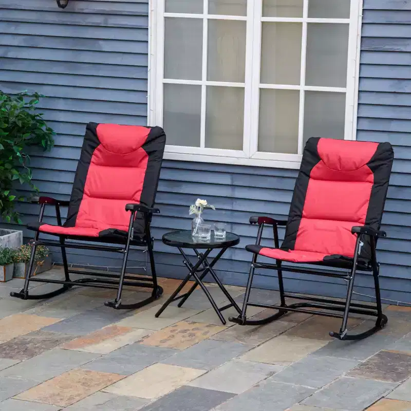 NAYSAYE 3 Piece Patio Furniture Set Folding Rocking Chairs with Glass Coffee Table Bistro Set for Porch Balcony Camping, Red, 26.75*35.5*41.75