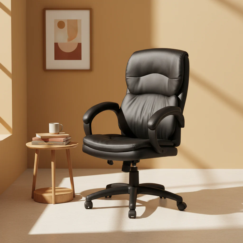 High-Back Black Bonded Leather Executive Office Chair with Padded Arms
