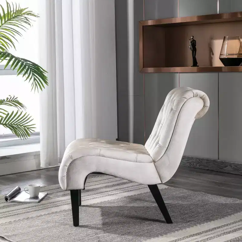 Modern Velvet Armless Accent Living Room Chair / Leisure Chair,Upholstered Fabric Button Comfortable Chair with Wooden Legs for Bedroom