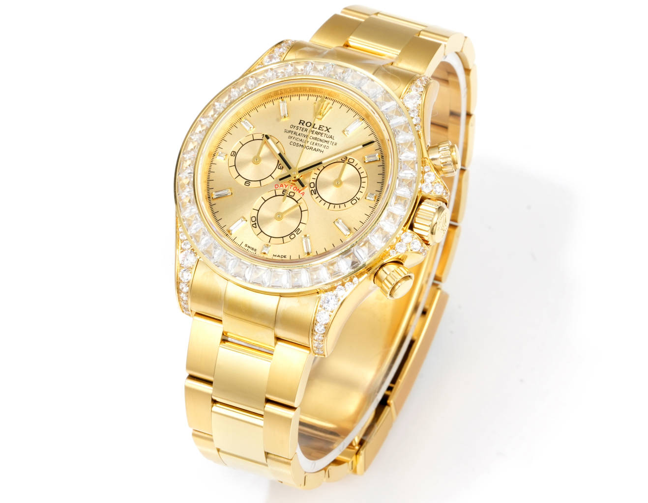 Gold Rolex Daytona replica with diamond-set bezel and champagne dial