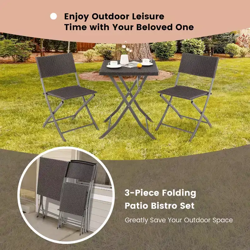 Costway 3PCSPatio Folding Rattan Bistro Set Chairs Backrest Table Garden Deck