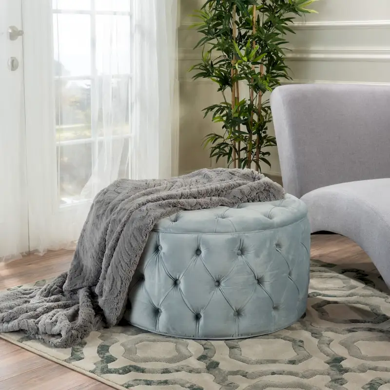 Modern Glam Tufted Velvet Round Ottoman