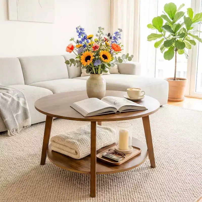 BestMassage Modern Round Coffee Table with 2-Tier Storage, Wood Accent Table for Living Room, Space Saving Sofa Side Table
