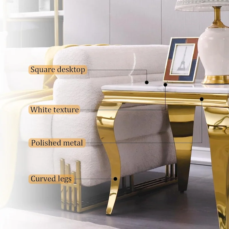 White and Gold End Table Side Table with Polished Gold Cabriole Legs