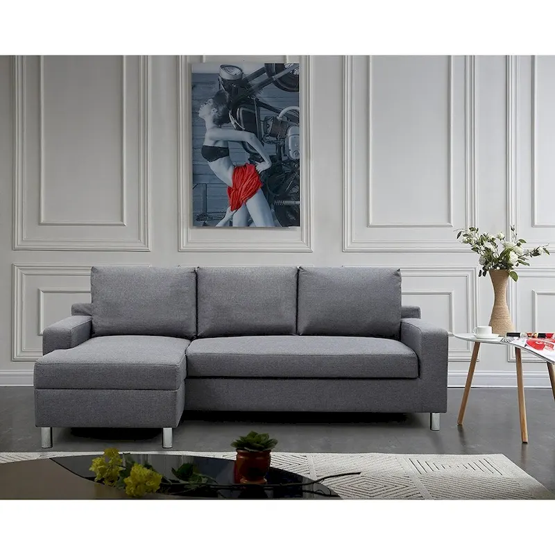 Grey/Blue/Beige Left-Facing Linen Sectional Sofa Bed with Chaise, Sleeper, 3-Seat