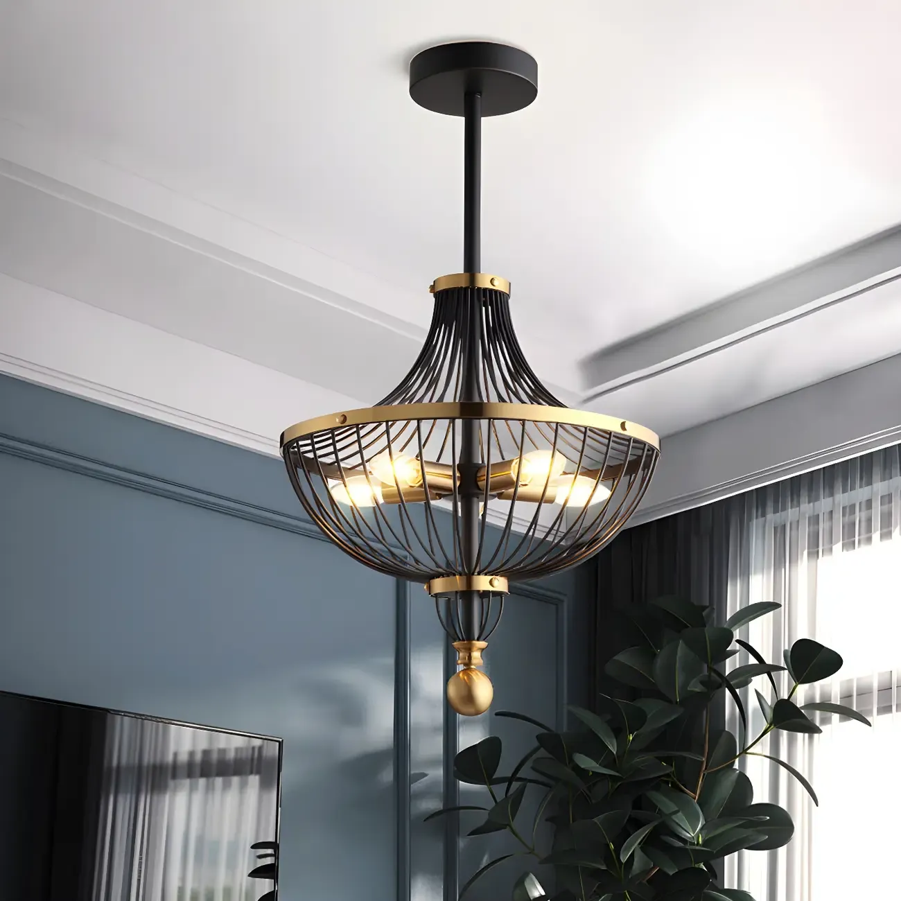 Industrial Gold Black Metal Cage Chandelier