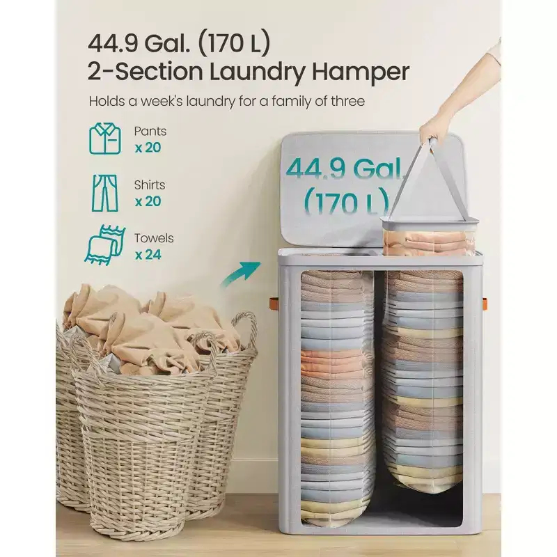 44.9 Gal Large Laundry Hamper with Lid, 2 Compartment Dirty Clothes Basket, Removable Inner Bags & Handles, 22x15.7x29.5 Inches