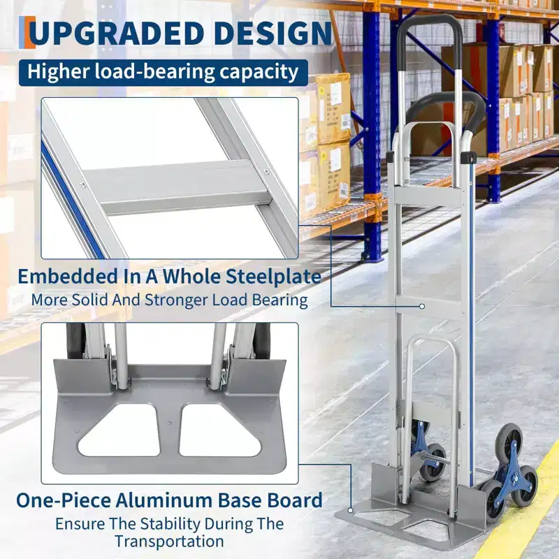 Stair Climbing Cart, Hand Truck 2-in-1 Aluminum Heavy Duty  600LBS Capacity Extendable Base Dual Handles 6 Wheels