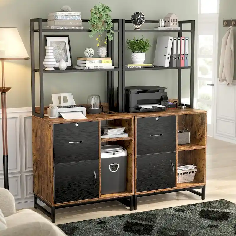 Home Office Filing Cabinet with Open Shelves, Lockable Drawer, and Charging Station
