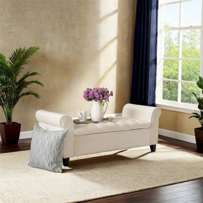 Upholstered Storage Bench with Arms and Concealed Compartment