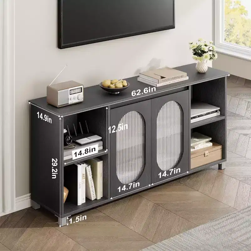 Acekool Modern TV Stand for 70 Inch TV, Black Media Console with Glass Doors and Shelves, Storage Cabinet for Living Room