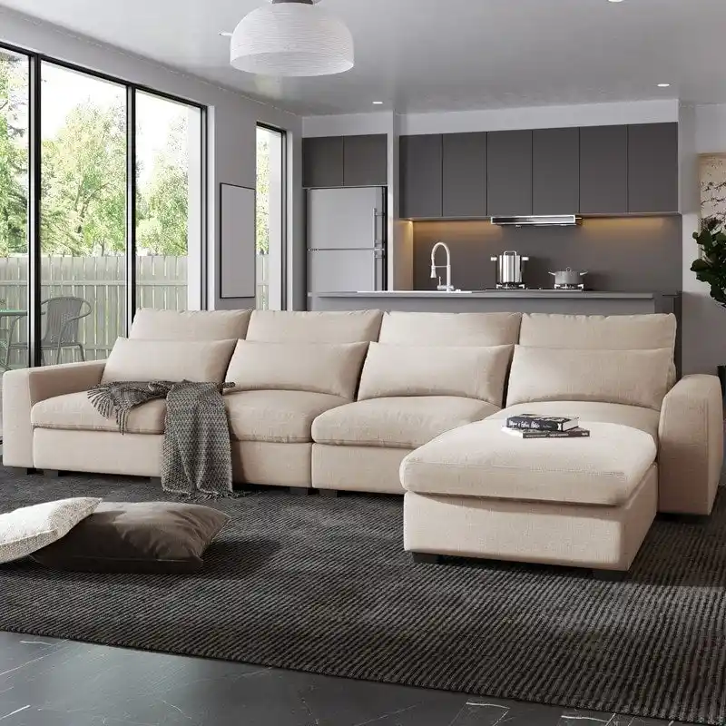 Modern Convertible L-Shaped Linen Feather Filled Reversible Sectional Sofa