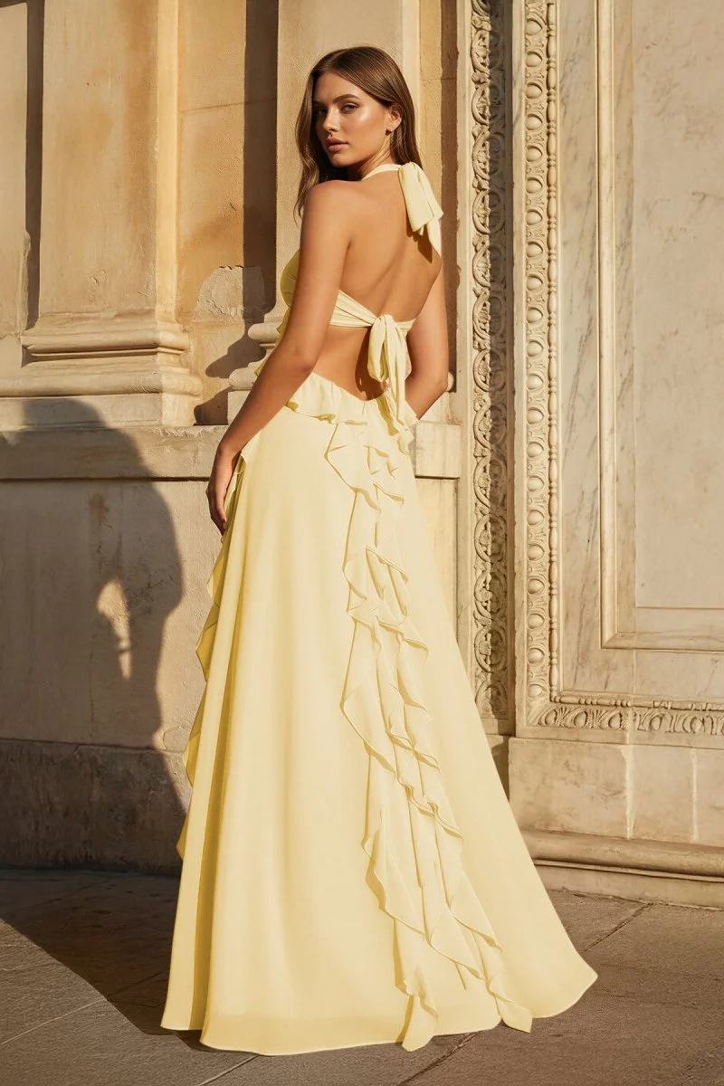 Pink A-Line Halter Chiffon Ruffled Long Prom Dresses With Cut Out