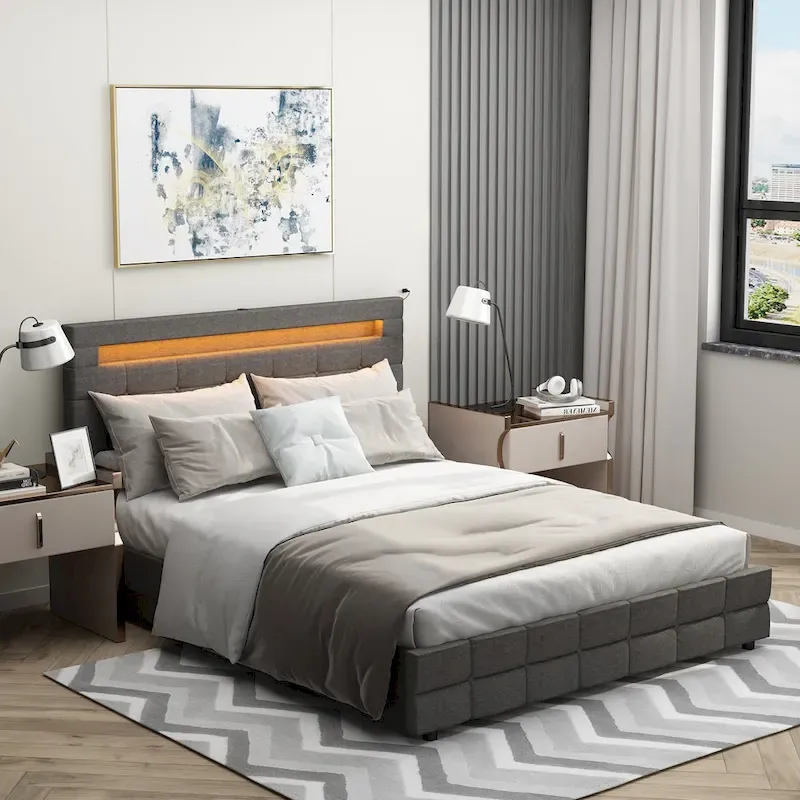 60.6 Queen Bed Frame with Drawers LED Bed Frame USB Charging Station