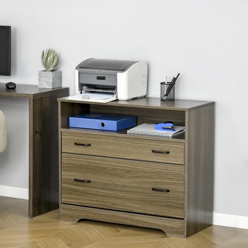 Lateral File Cabinet with Open Display Shelf & 2 Drawers, Fits Letter Size, Charcoal Grey