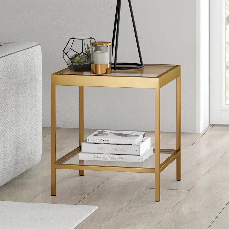 Brass / Blackened Bronze / Nickel Modern Square Glass Side Table with Metal Frame & Lower Shelf
