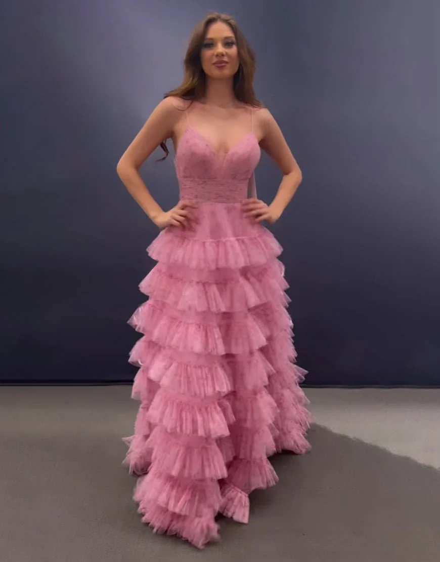 Pink A Line Spaghetti Straps Open Back Tiered Long Prom Dress