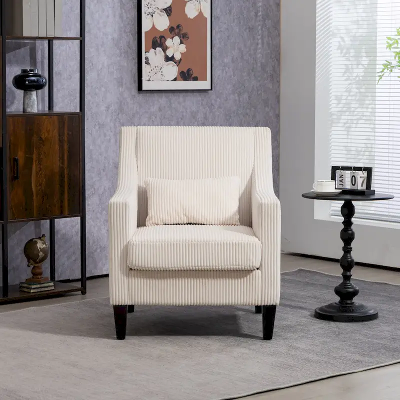 Beige Upholstered Accent Arm Chair with Scooped Arms and Rubber Wood Legs