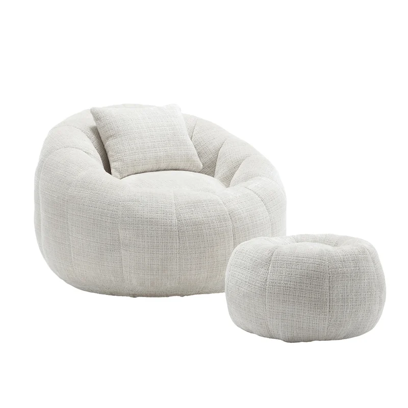 HOMEFUN Chenille Upholstered Round Lazy Cozy Bean Bag Chair with Ottoman and a Pillow