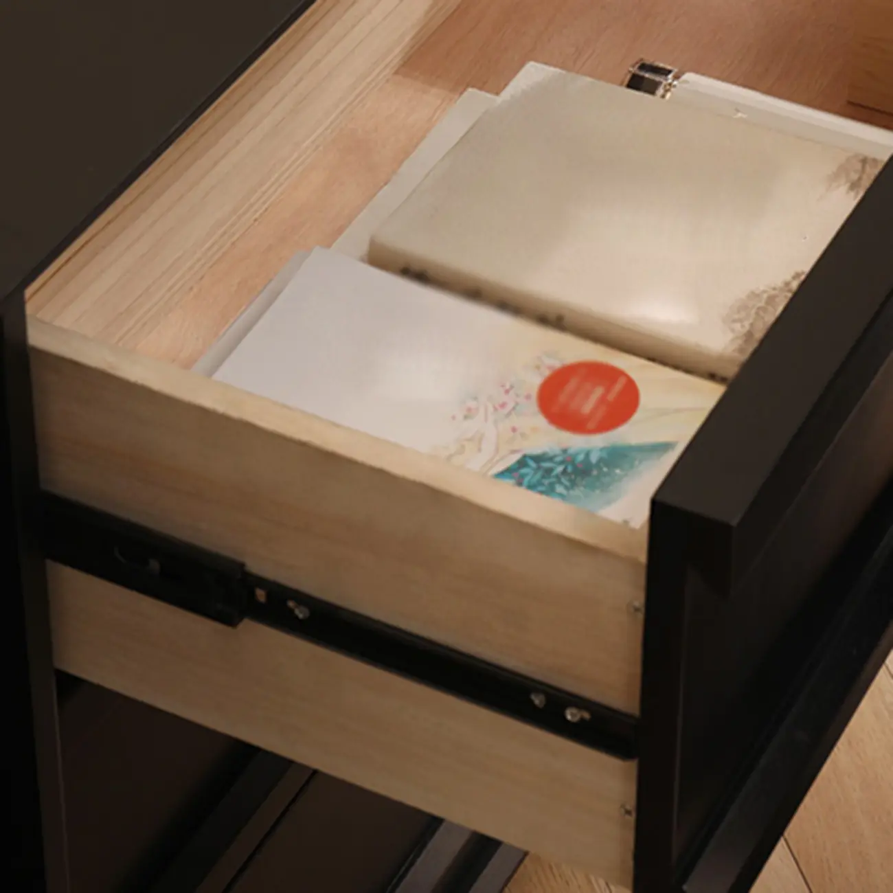 Industrial Wood Dresser with Drawers and Smooth Metal Rail