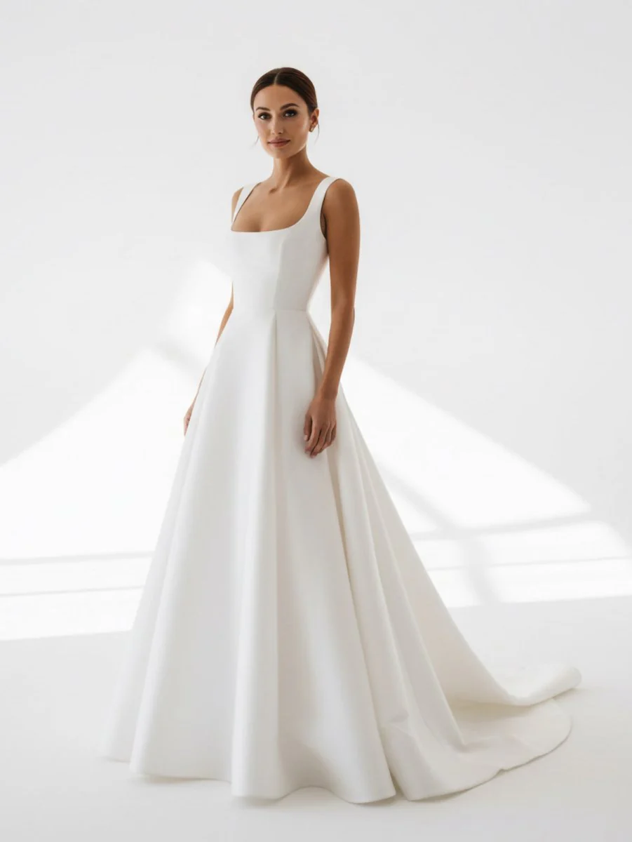 Simple A-Line Square Neck White Satin Wedding Dresses