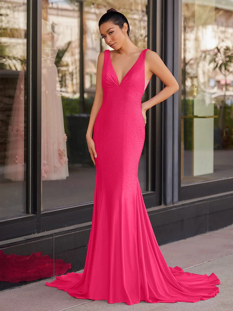 Mermaid Deep V-Neck Beaded Satin Long Prom Dress