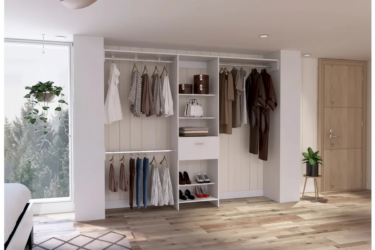 Cross Closet System with Drawer, 3 Metal Rods, and 5 Open Shelves