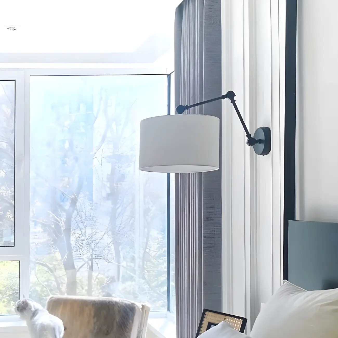 Black 1-Light Metal Swing Arm Wall Light with White Fabric Shade