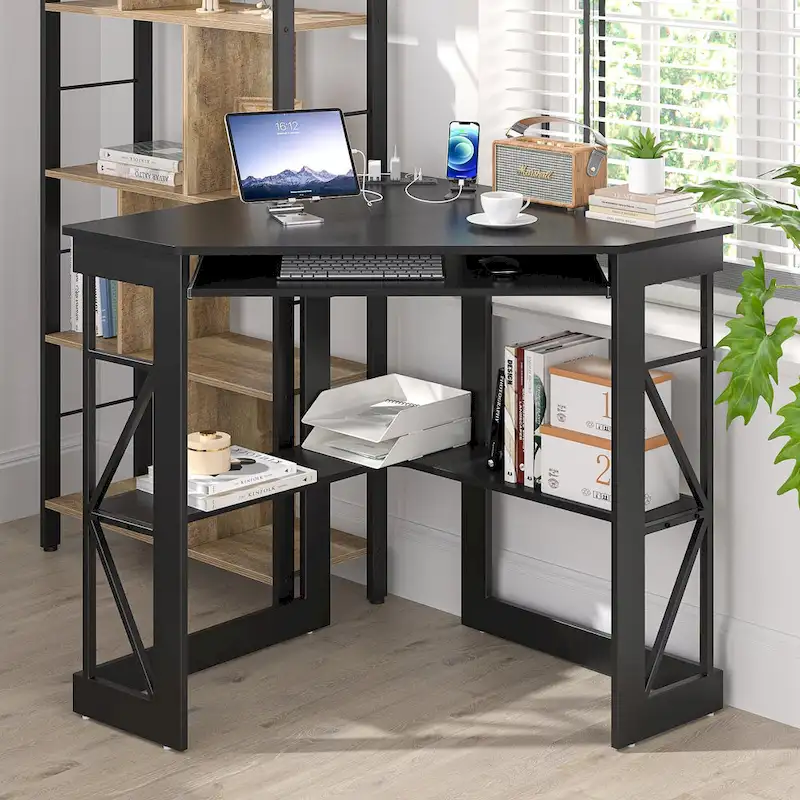 White / Black / Brown Triangle Corner Desk with Built-In Power Outlets, USB Ports, Monitor Stand and Storage – 1-Person