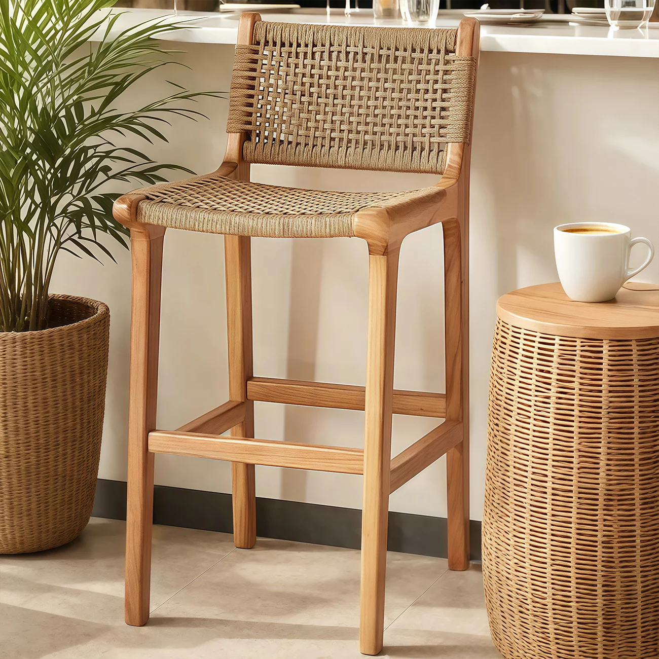 Scandinavian Wooden Ratten Bar Stool