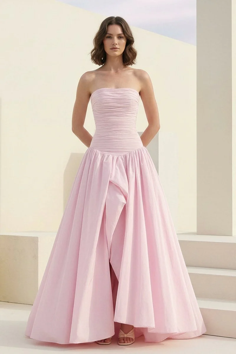 Pink - Strapless A Line Satin Pleated Prom Dresses With Slit