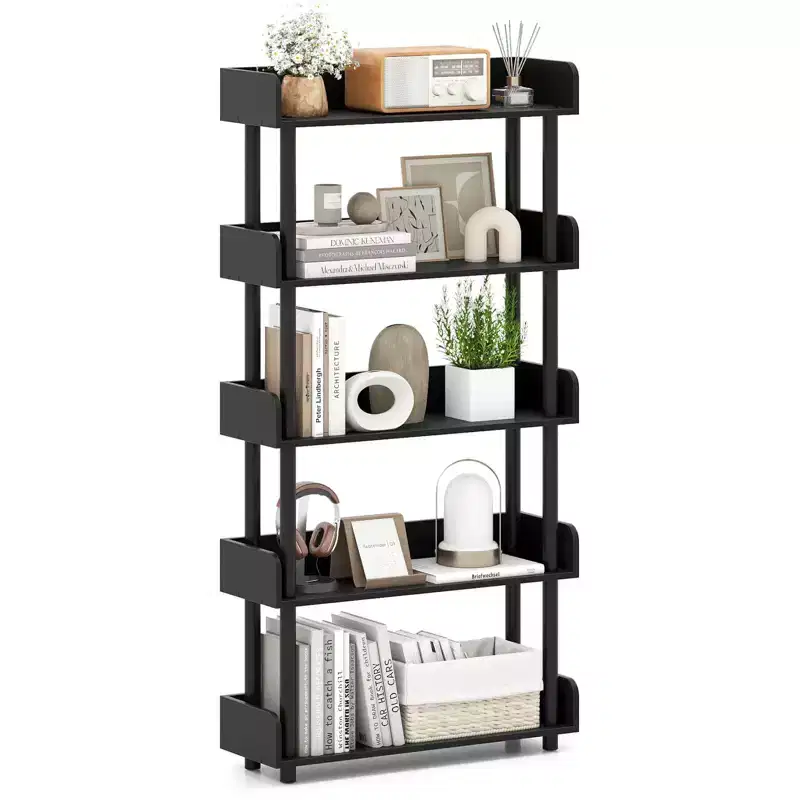 Costway 1/2 PCS 5-Tier Bookshelf, Open Bookcase with Anti-Tipping Kit, Storage Unit for Living Room Black/Rustic Brown & Black