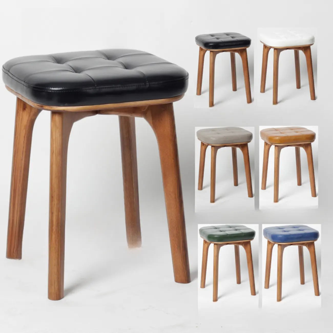 Scandinavian Wood Tufted Leatherette Bar Stools Backless