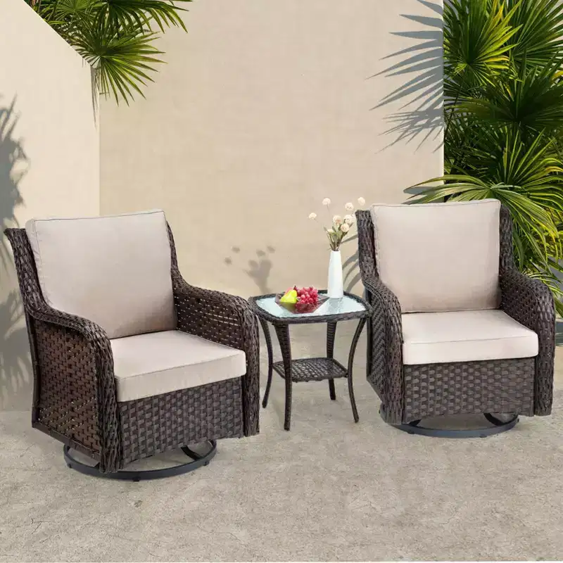 Outdoor Swivel Wicker Glider Patio Chairs w/Table Set, 3 Pieces Outdoor Bistro Set w/Thick Cushions and Coffee Table for Porch, Balcony, Deck