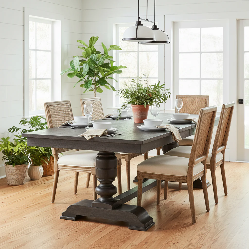 Washed Espresso Extendable Dining Table, Double Pedestal, Seats 8