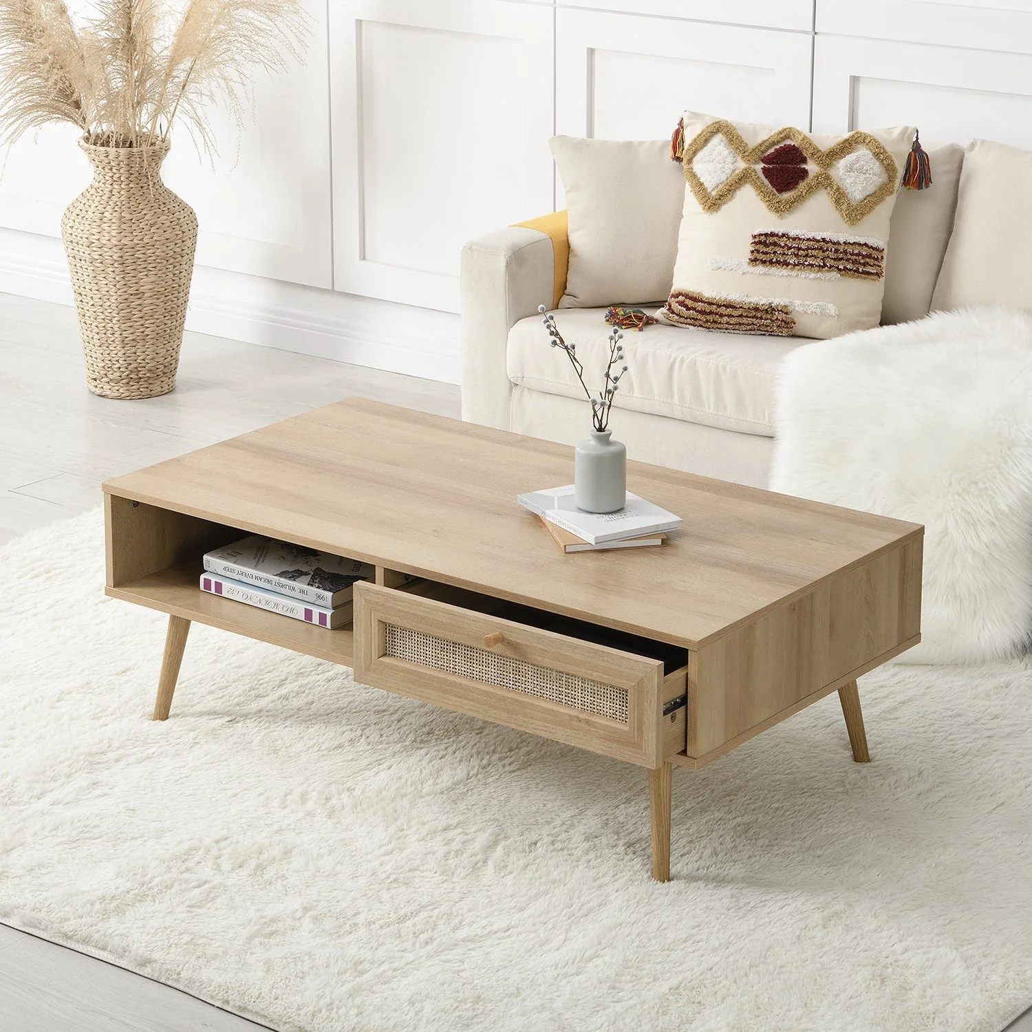 Woven Rattan Wooden Coffee Table in Natural
