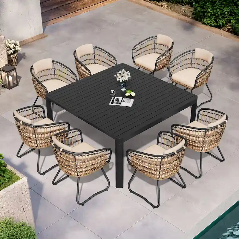 9PC Outdoor Dining Table Patio Aluminum Extension Table with Rattan Chair