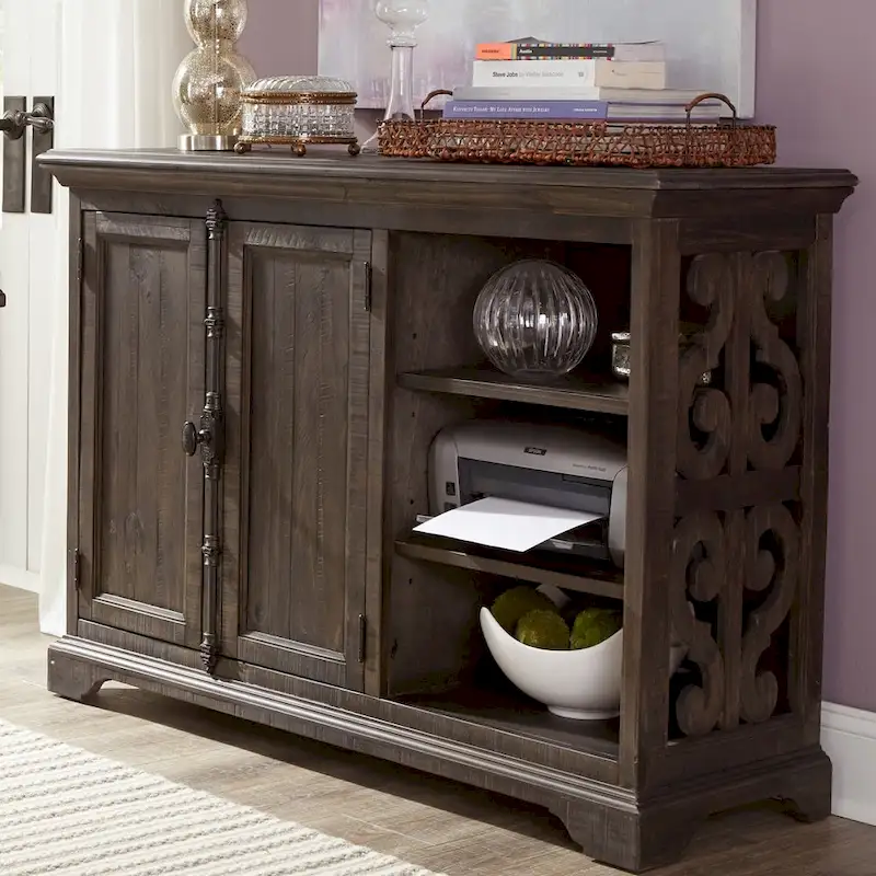 Weathered Peppercorn Distressed Pine Traditional Printer Stand with French Door Hardware, Adjustable Shelves and Wire Management