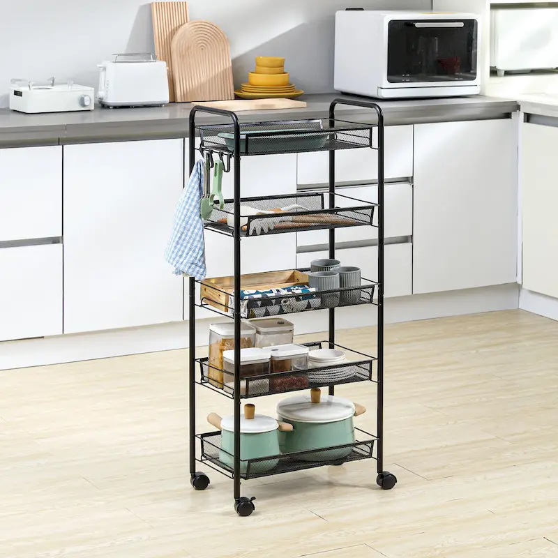 HOMCOM 5 Tier Utility Rolling Cart, Metal Storage Cart, Kitchen Cart with Removable Mesh Baskets, Black