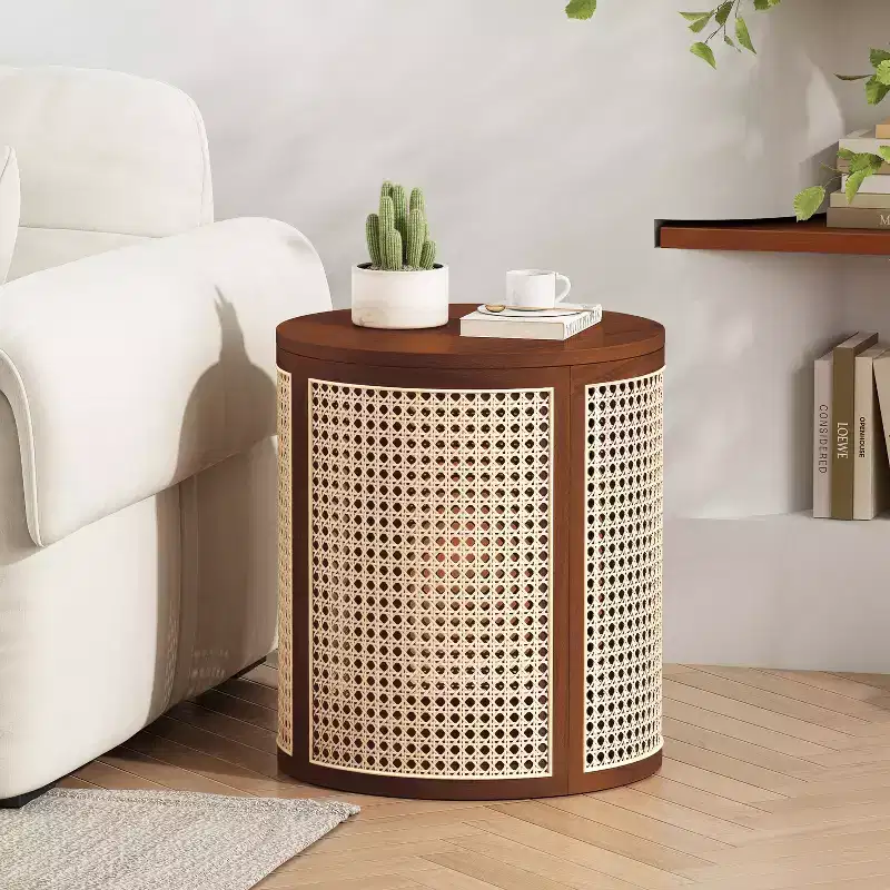 JVNOXK 15.70-inch round accent table, openwork weave Small rubberwood nightstand Rattan coffee table, wood tabletop Dark brown
