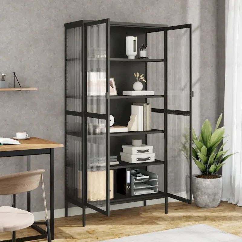 Black Highboard with Fluted Glass & Steel Frame, 33.5×15.7×70.9