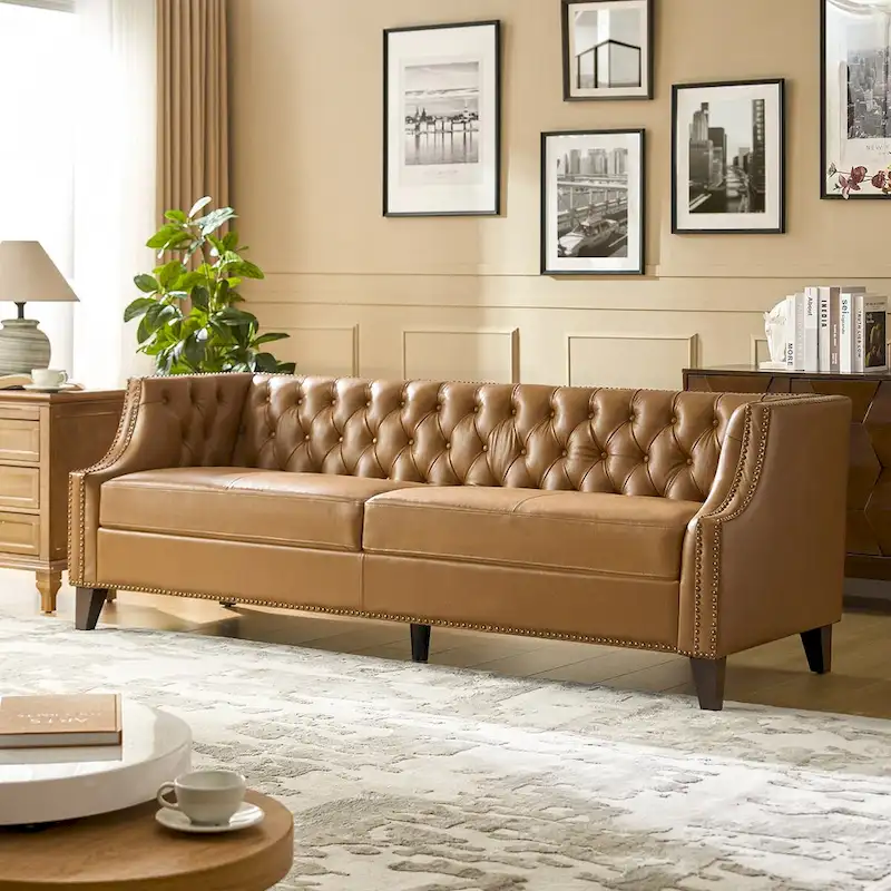 Transitional Genuine Leather Tufted Design Sofa with Solid Wood Legs