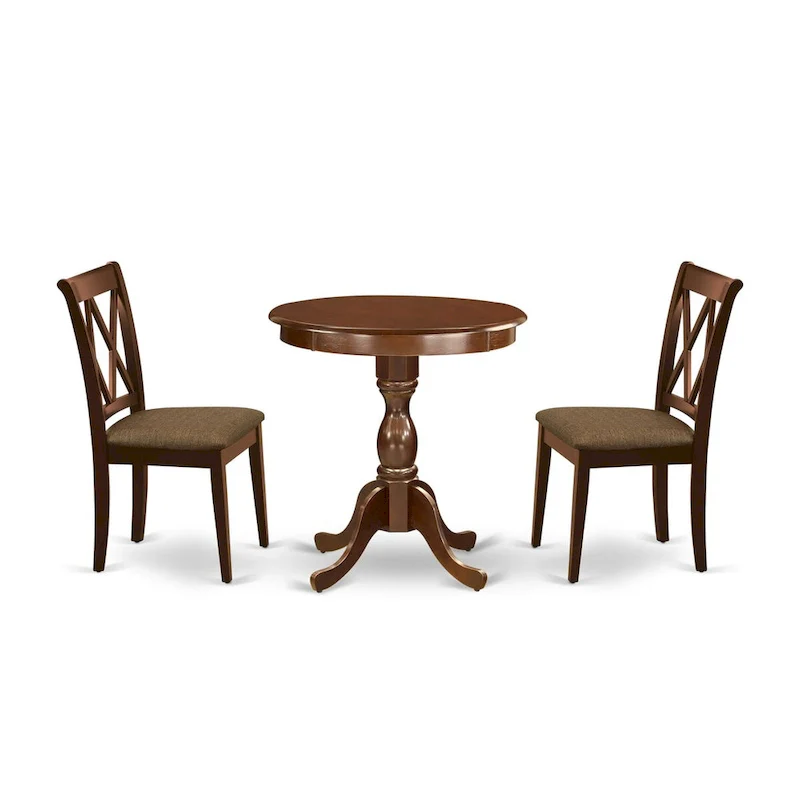 East West Furniture 3 Piece Dining Table Set- a Round Kitchen Table with Pedestal and 2 Dining Chairs, Mahogany(Seat Options)