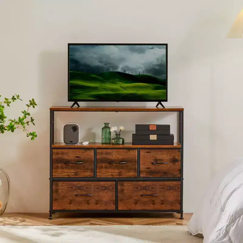 JIONJOY 5-Drawer Dresser TV Stands up to 45 inch Entertainment Center with Fabric Drawers | Rust