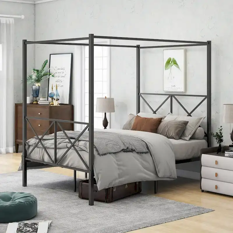 Black Full Size Metal Platform Bed Frame with X-Shape Headboard, For 1-2 People