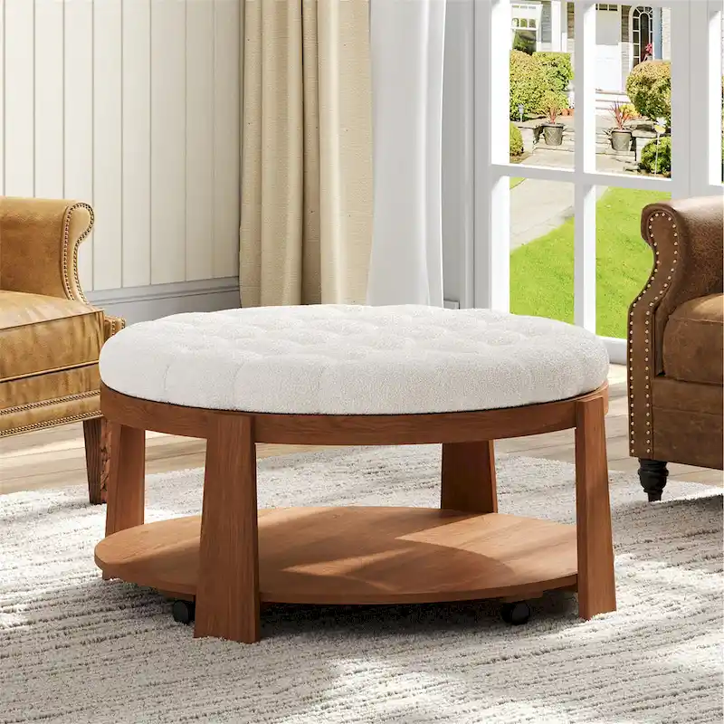 36 Round Button Tufted Upholstered Coffee Table with Wood Shelf and Wheel