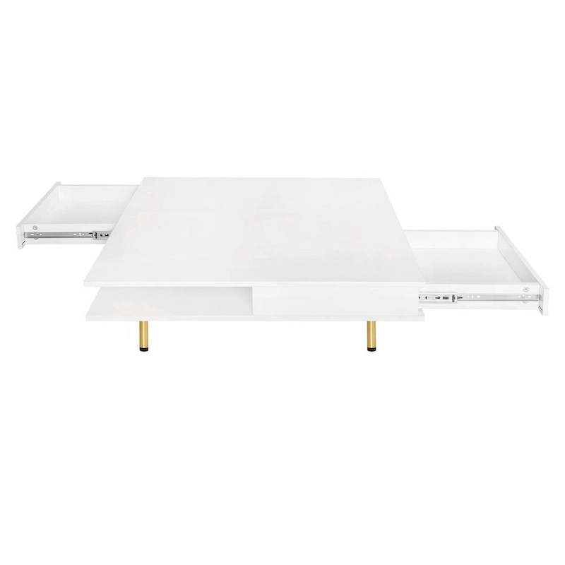 High Gloss Coffee Table: 4 Golden Legs, 2 Drawers, 2-Tier Square Design