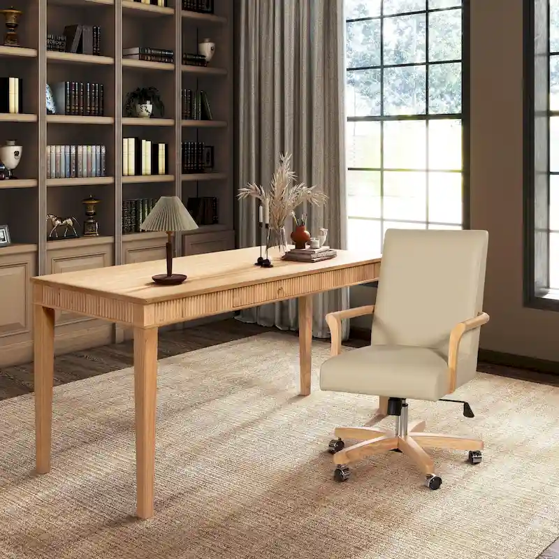 Brown Leather Swivel Office Chair with Wood Accents