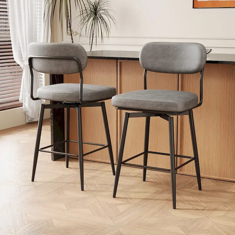 Leather Swivel Bar Stools with Iron Base - Set of 2