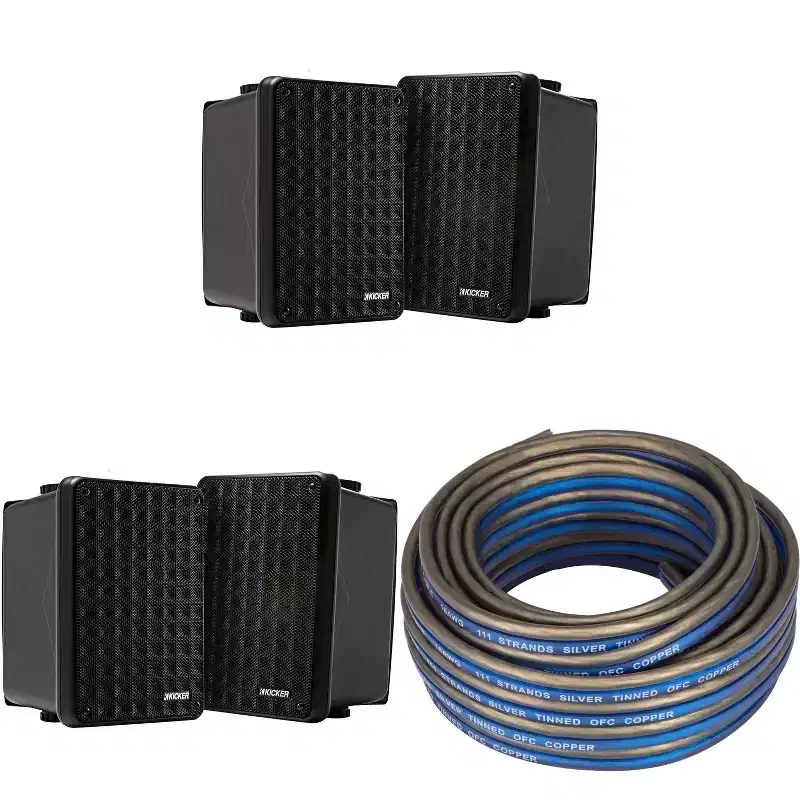 Kicker (2 Pair ) KB6B 2-Way Full Range Indoor Outdoor Speakers (Pair) Weatherproof Speakers for Patio Garage Poolside in-Home, Black & 20ft Speaker...